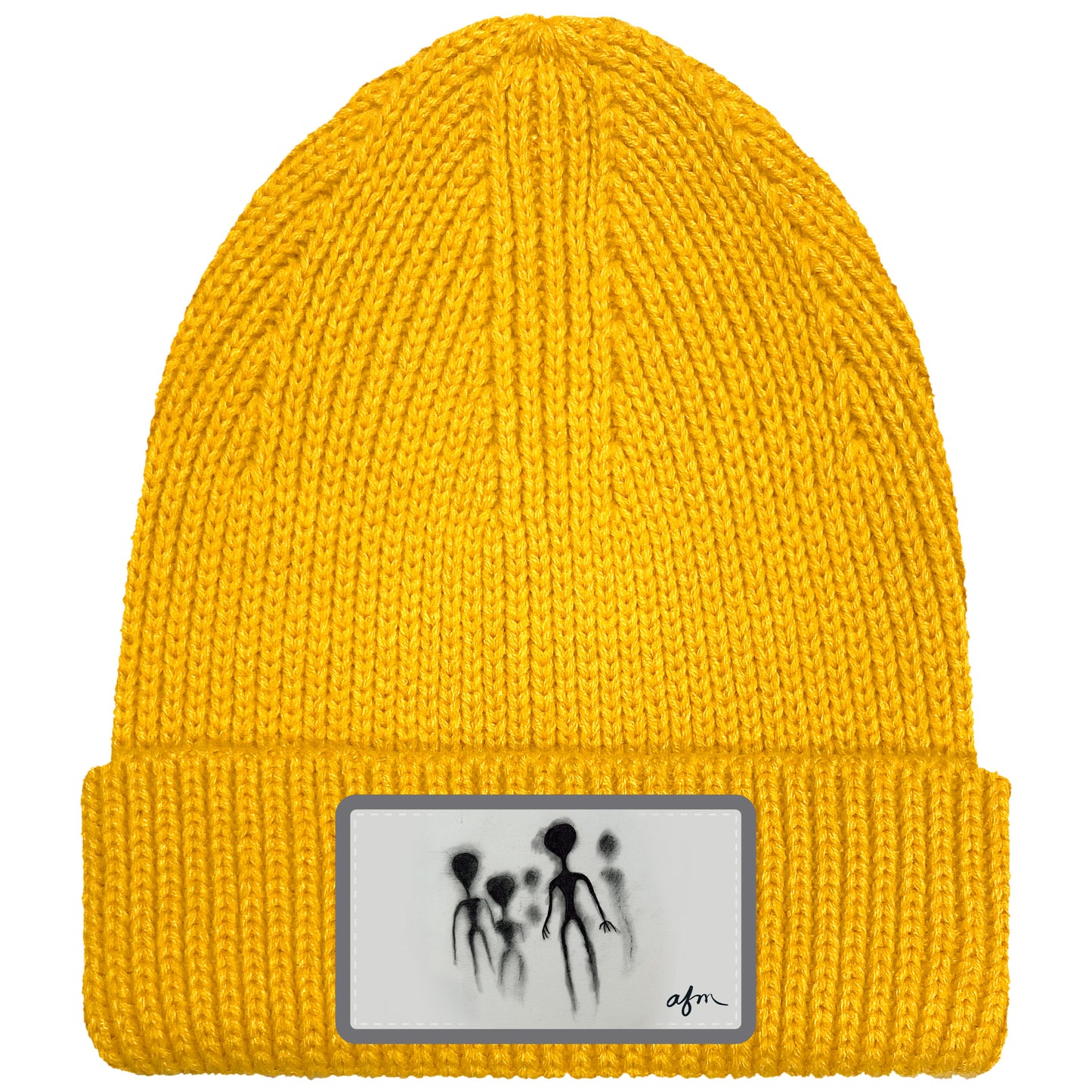 Aliens Ribbed Cuffed Knit Beanie in Mustard