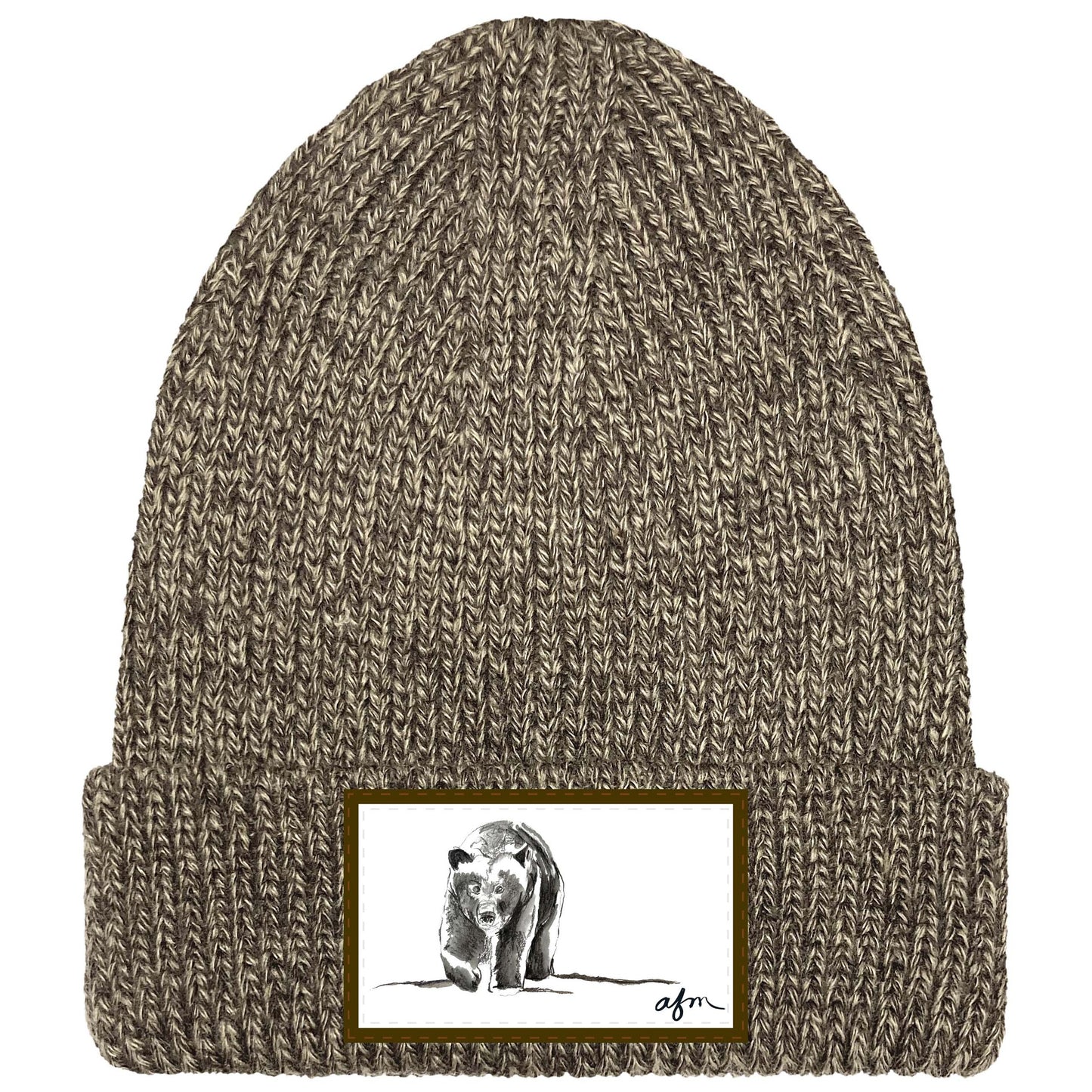 Black Bear Ribbed Cuffed Beanie in Marled Brown