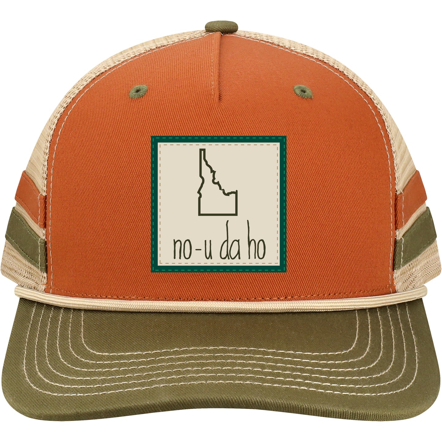 "Idaho? no-u-da ho" 2 Bar Mid-Pro Trucker Hat in Rust/Olive