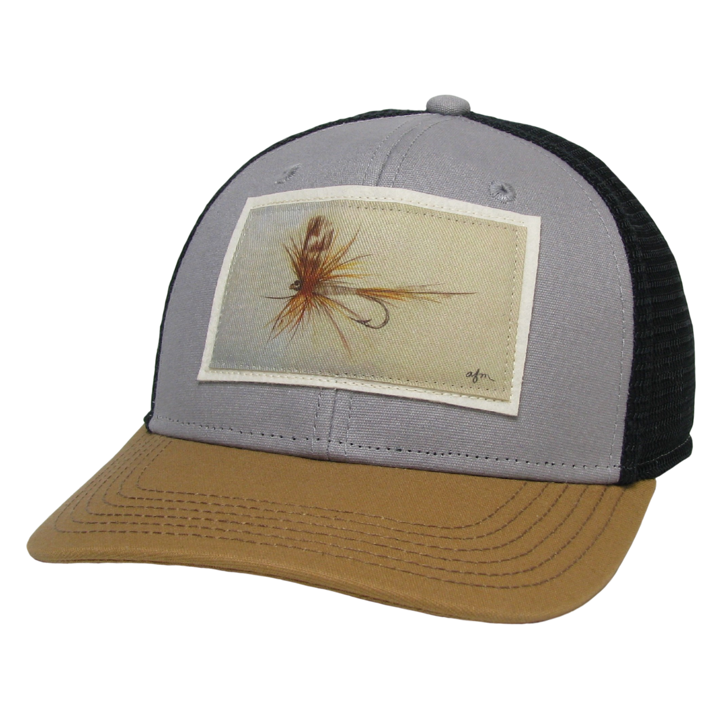 Adams Fly Mid-Pro Trucker Hat in Grey/Caramel/Black