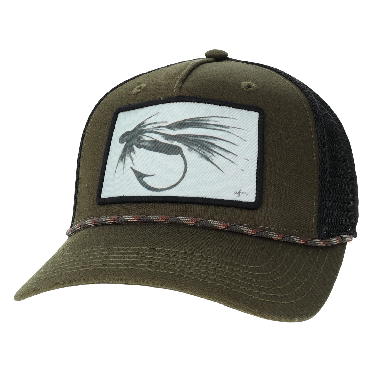 B&W Fly Roadie Trucker Hat in Olive Slub/Black with Rope