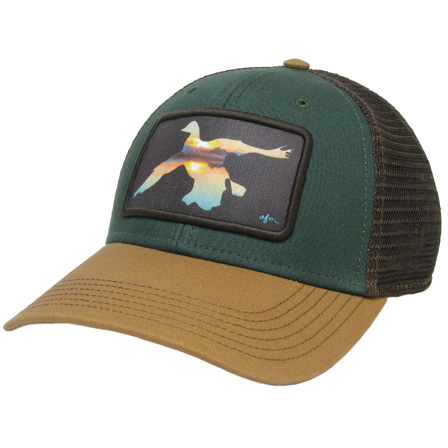 Sunset Duck Mid-Pro Trucker Hat in Dark Green/Camel/Brown