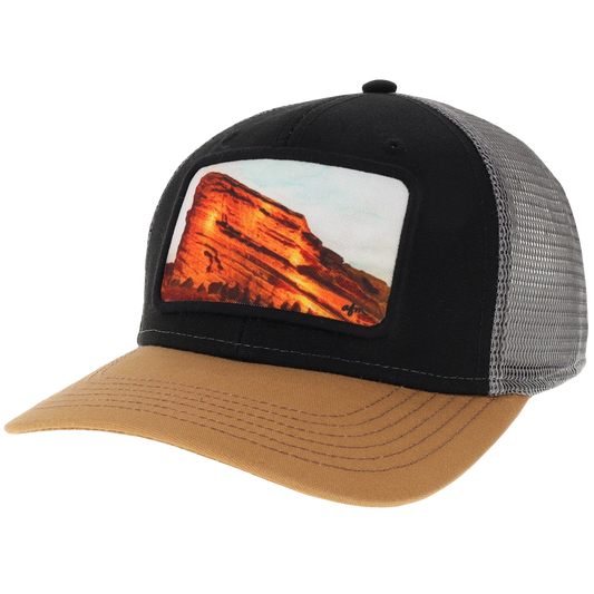 Red Rocks Mid-Pro Trucker Hat in Black/Caramel/Dark Grey