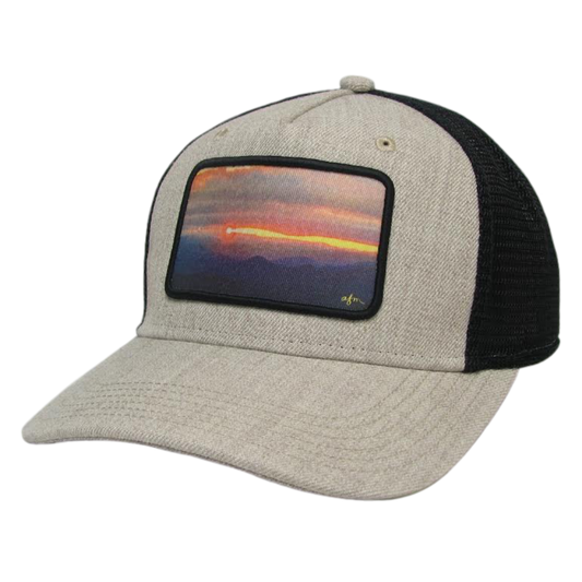 Mountain Sunset Roadie Trucker Hat in Heather Tan/Black