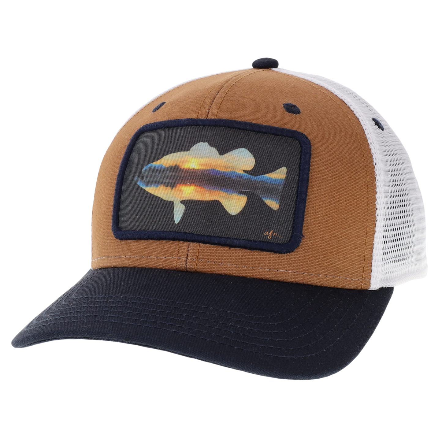 Sunset Bass Mid-Pro Trucker Hat in Camel/Navy/White