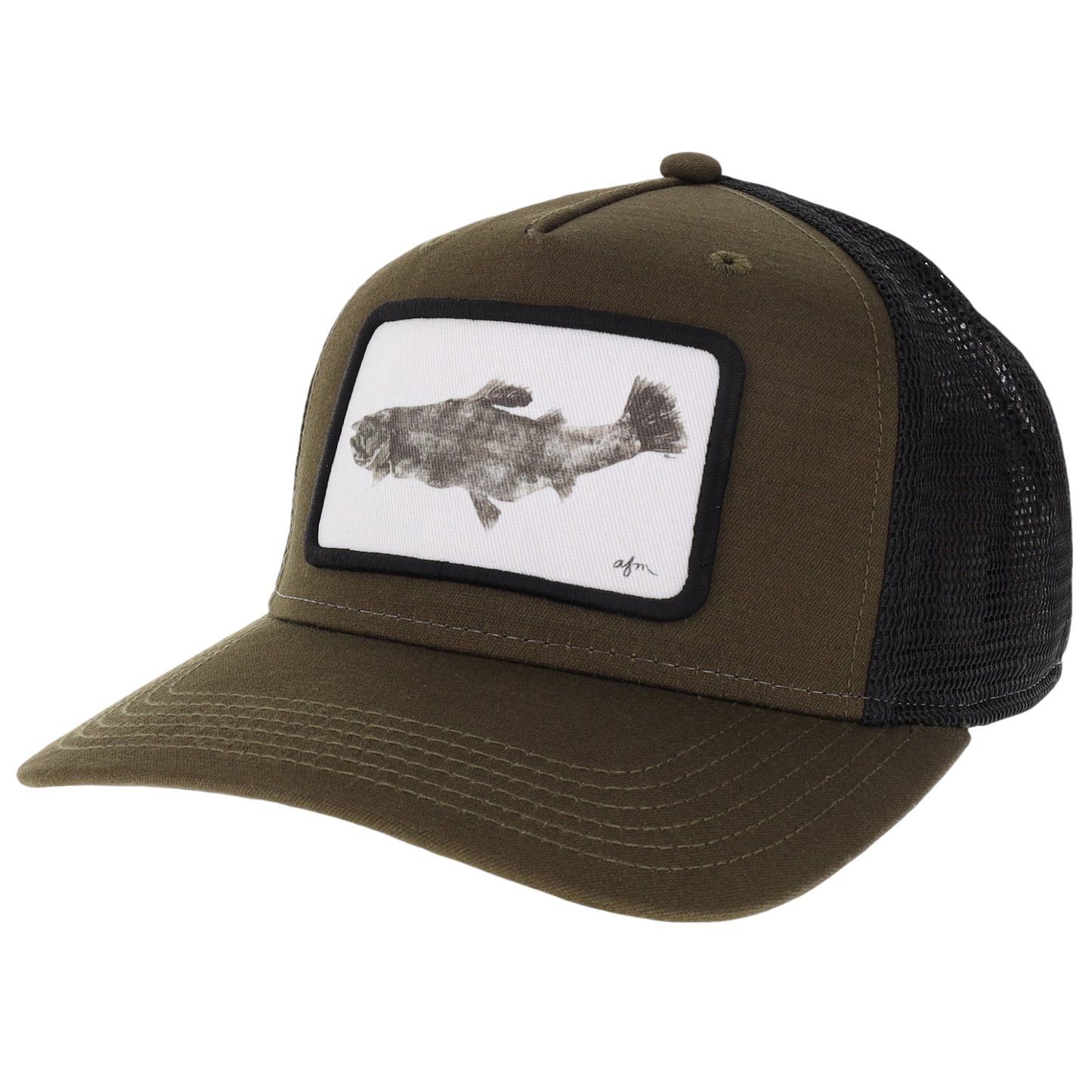 Trout Gyotaku Roadie Trucker Hat in Olive Slub/Black
