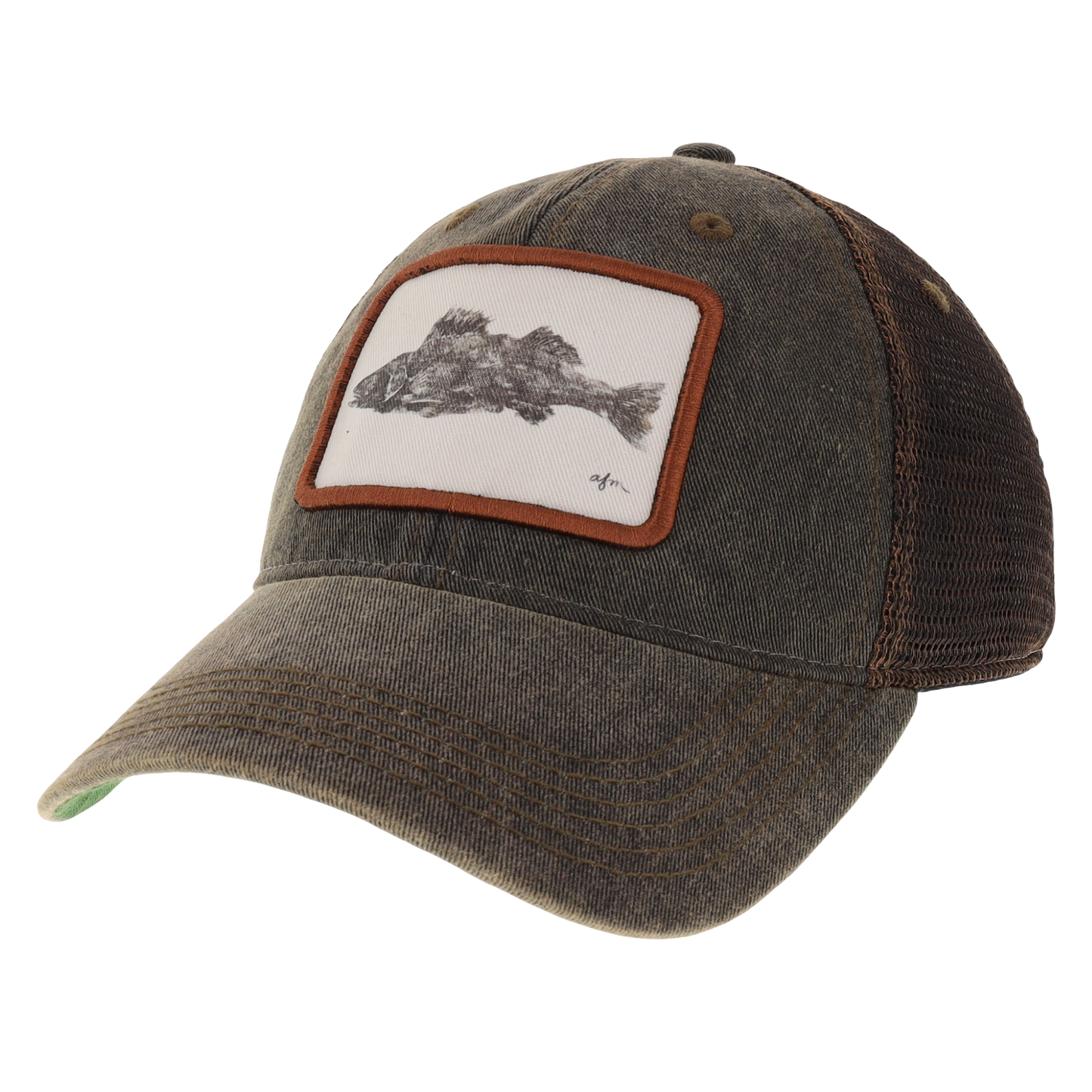 Walleye Gyotaku Old Favorite Trucker Hat in Black Greaser
