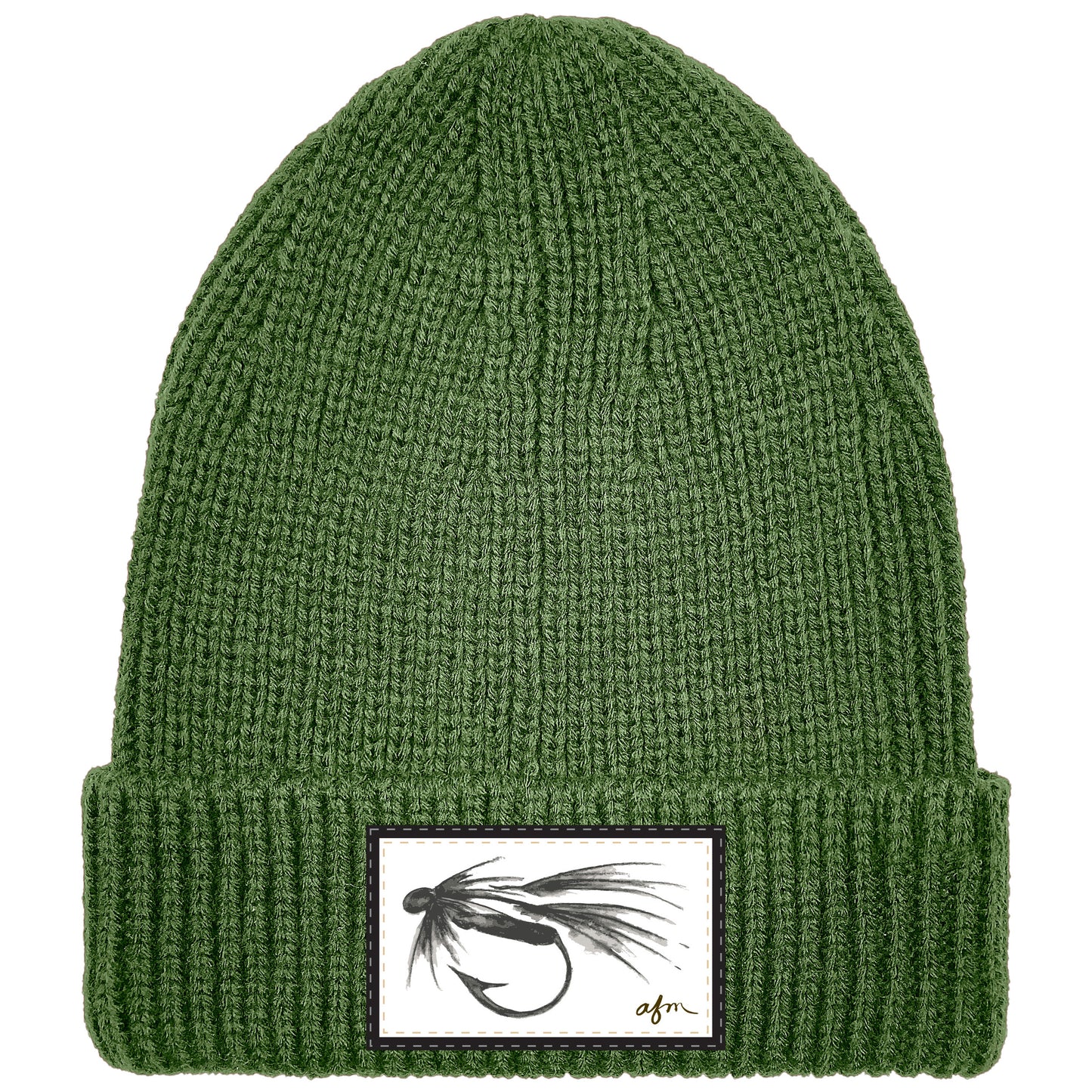 B&W Fly Ribbed Cuffed Beanie in Army Green