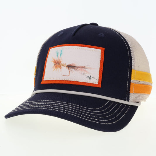 Green Drake 2 Bar in Mid-Pro Trucker Hat Navy/Gold/Orange
