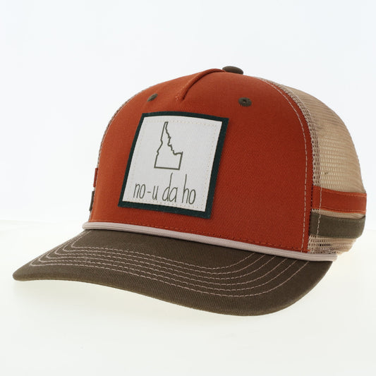 "Idaho? no-u-da ho"  2 Bar Mid-Pro Trucker Hat in Rust/Olive