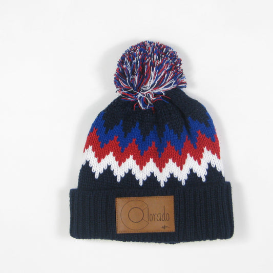 Colorado Cuffed Zig Zag Beanie in Navy with Leather Patch