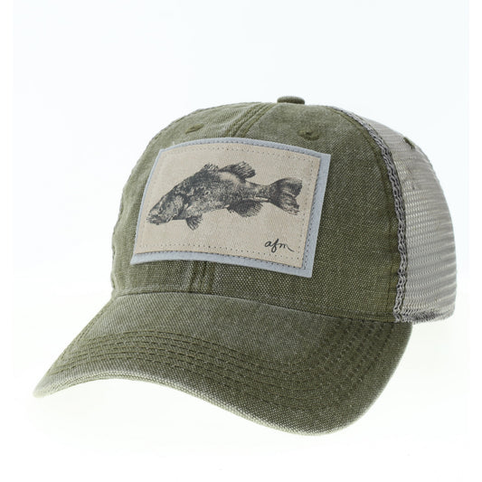 Largemouth Bass Gyotaku Dashboard Trucker Hat in Olive/Grey
