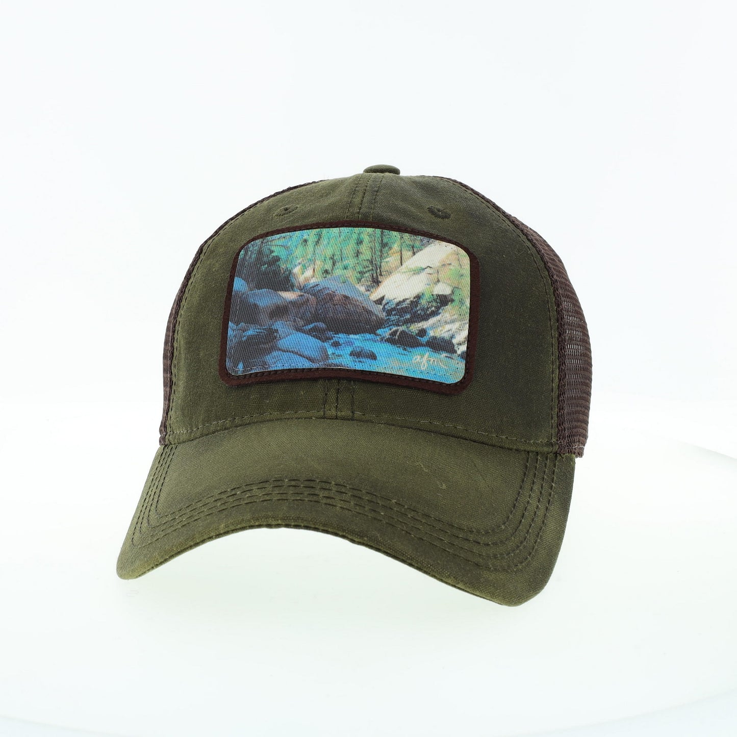 River Scene Waxed Cotton Trucker Hat in Dark Olive