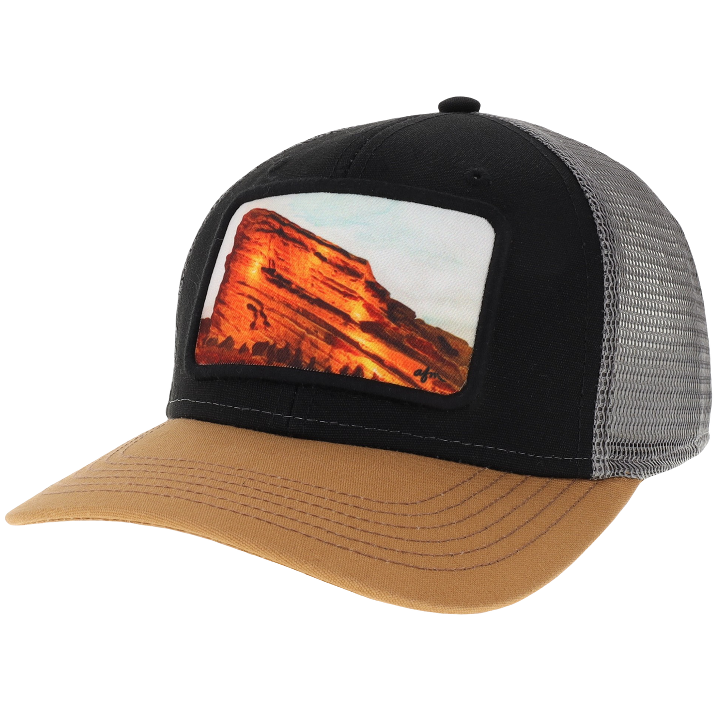 Red Rocks Mid-Pro Trucker Hat in Black/Caramel/Dark Grey