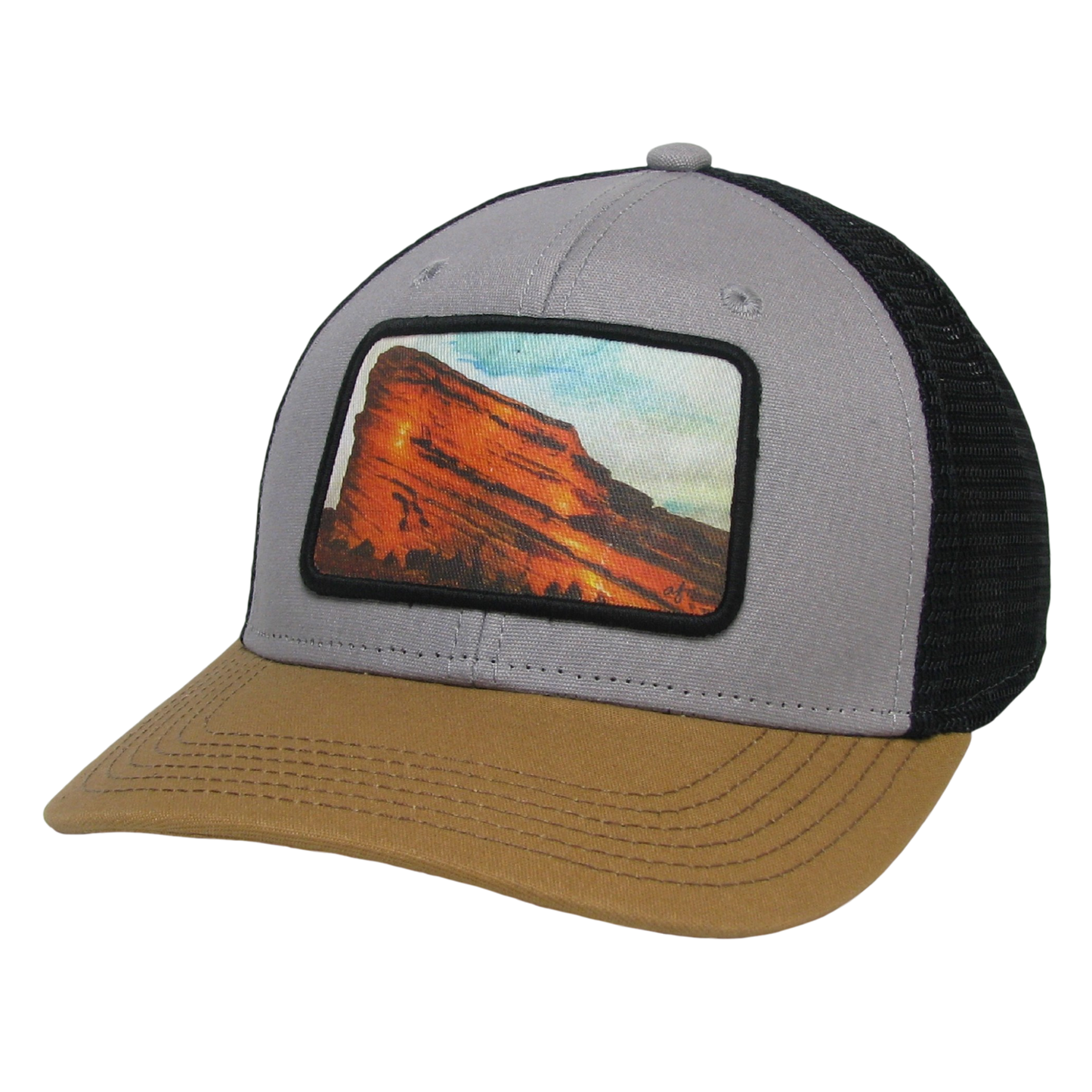Red Rocks Mid-Pro Trucker Hat in Grey/Caramel/Black