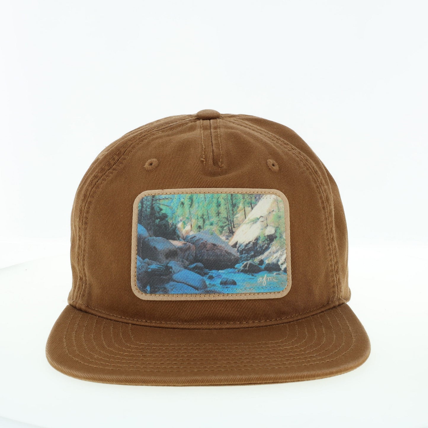 River Scene Axel 5 Panel Flat Brim Hat in Hazel