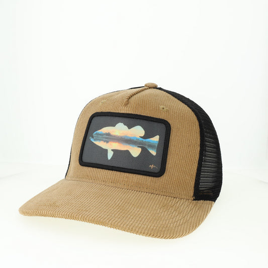 Sunset Bass Roadie Trucker Hat in Khaki/Black Corduroy