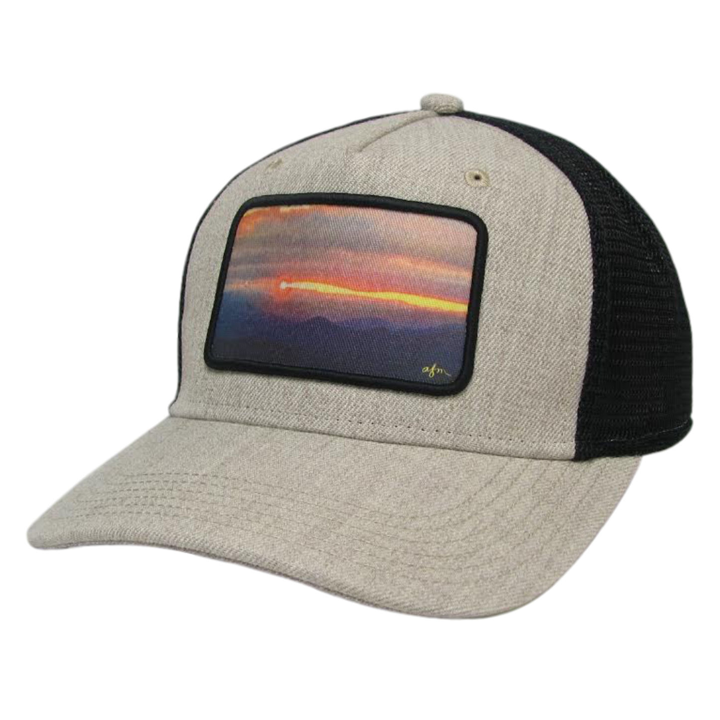 Mountain Sunset Roadie Trucker Hat in Heather Tan/Black