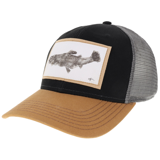 Trout Gyotaku Mid-Pro Trucker Hat in Black/Caramel/Dark Grey