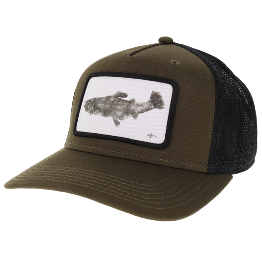 Trout Gyotaku Roadie Trucker Hat in Olive Slub/Black