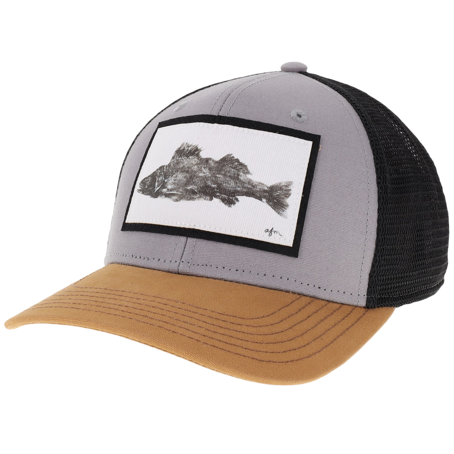 Walleye Gyotaku Mid-Pro Trucker Hat in Grey/Caramel/Black