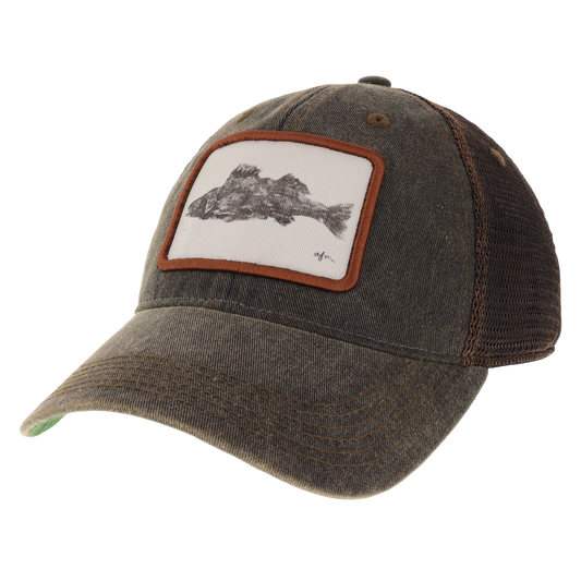 Walleye Gyotaku Old Favorite Trucker Hat in Black Greaser