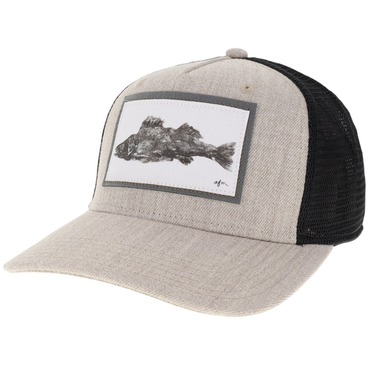 Walleye Gyotaku Roadie Trucker Hat in Heather Tan/Black