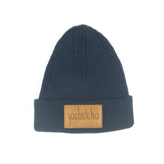 Youbetcha Ribbbed Cuffed Beanie in Navy with Leather Patch