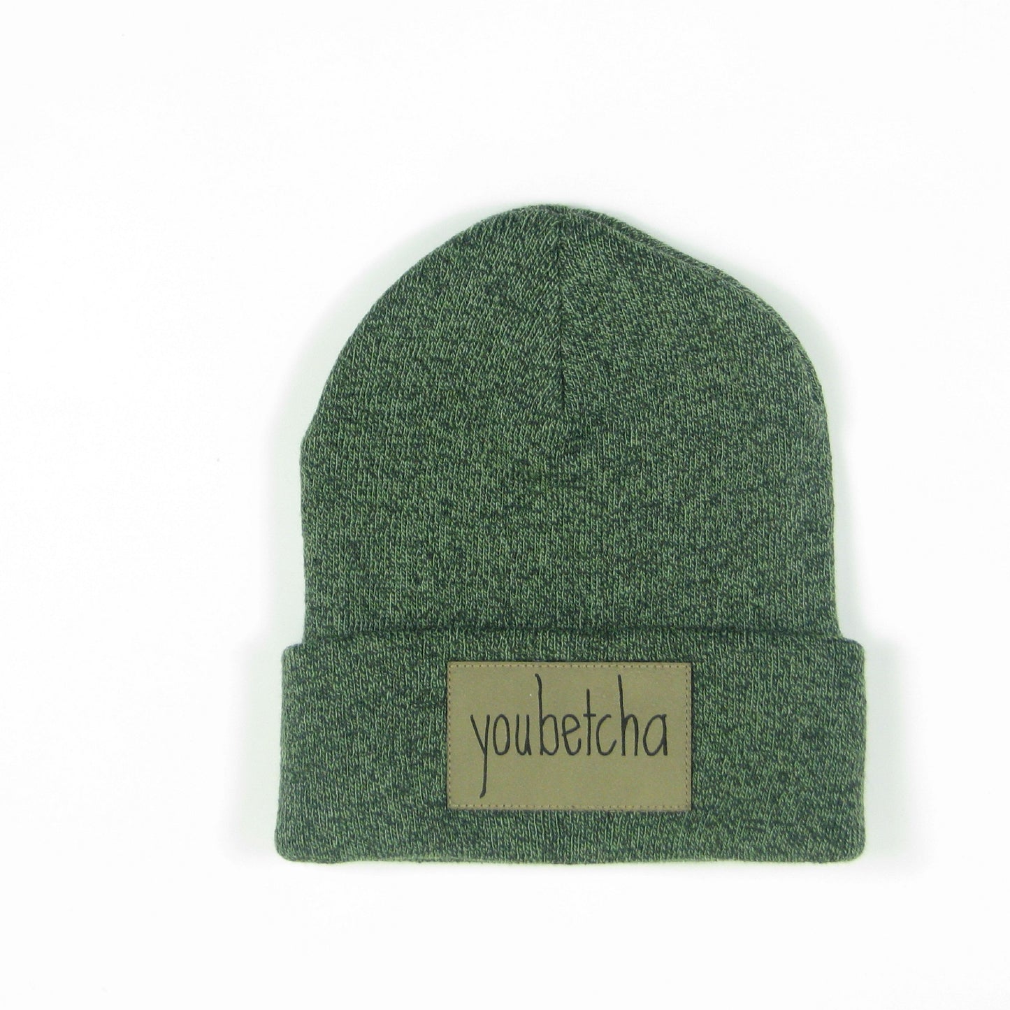 Youbetcha Cuffed Beanie in Marled Olive/Black with Leather Patch