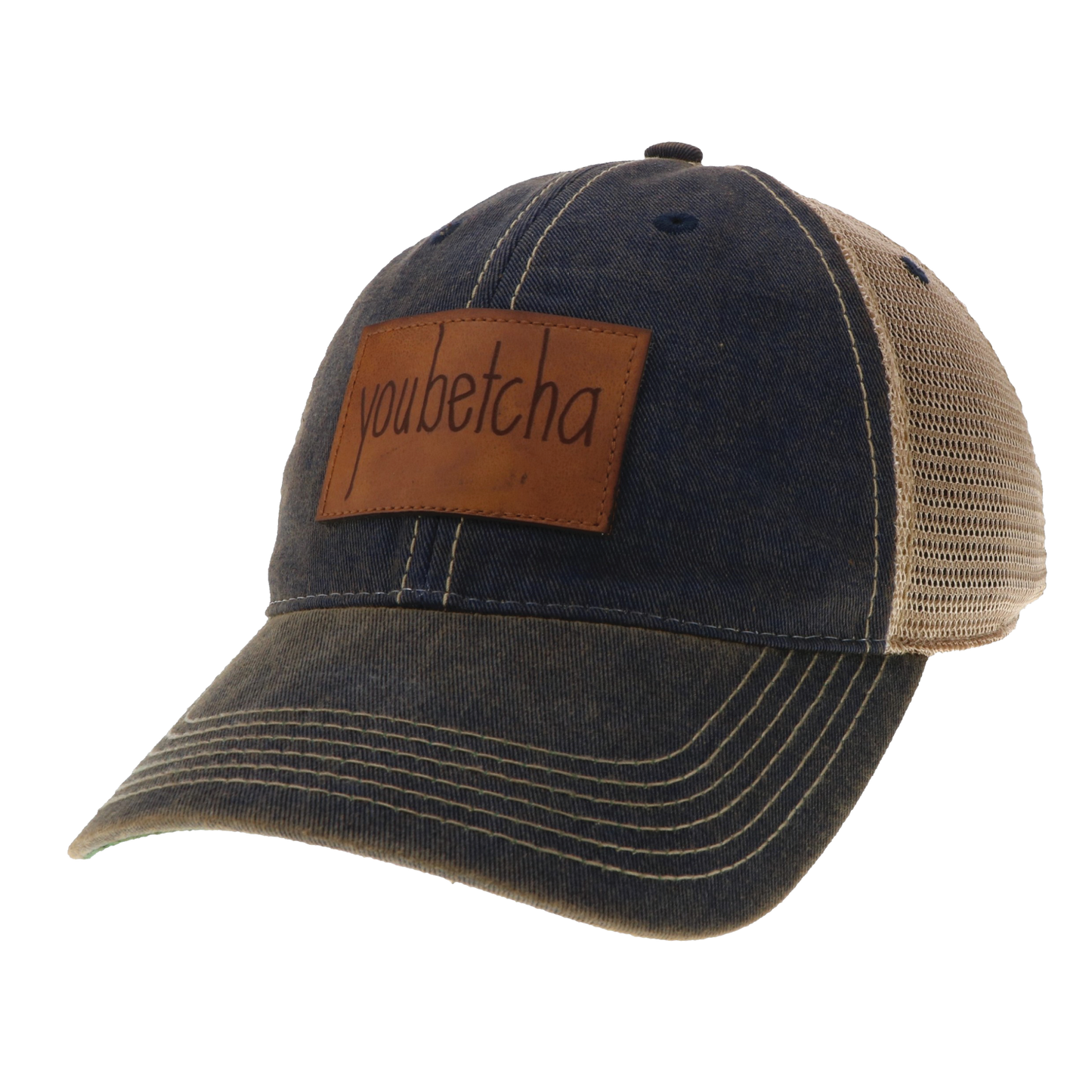 Youbetcha Old Favorite Trucker Hat in Navy with Leather Patch